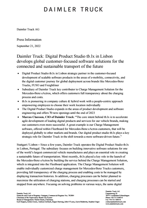 Daimler Truck: Digital Product Studio tb.lx in Lisbon develops global customer-focused software solutions for the connected and sustainable transport of the future
