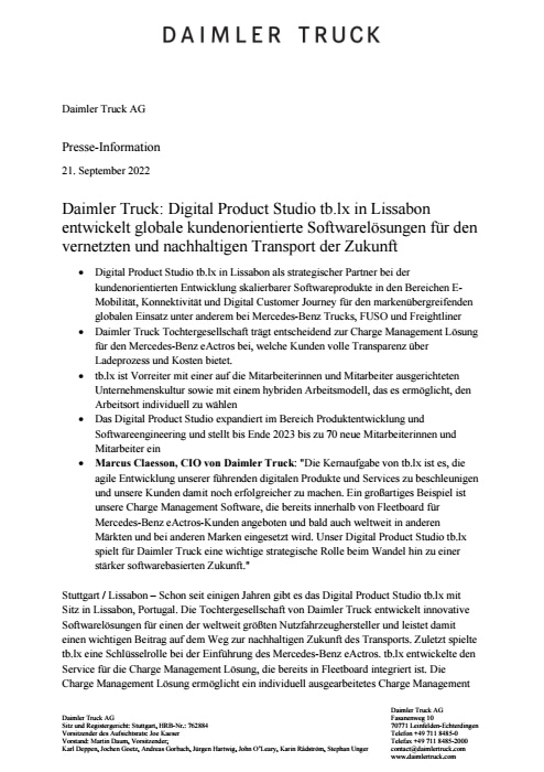 Daimler Truck: Digital Product Studio tb.lx in Lissabon entwickelt globale kundenorientierte Softwarelösungen für den vernetzten und nachhaltigen Transport der Zukunft