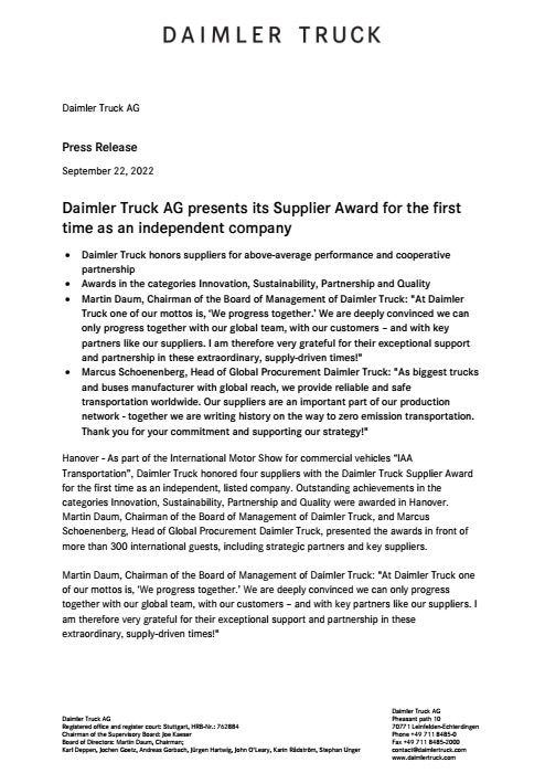 Daimler Truck AG presents its Supplier Award for the first time as an independent company