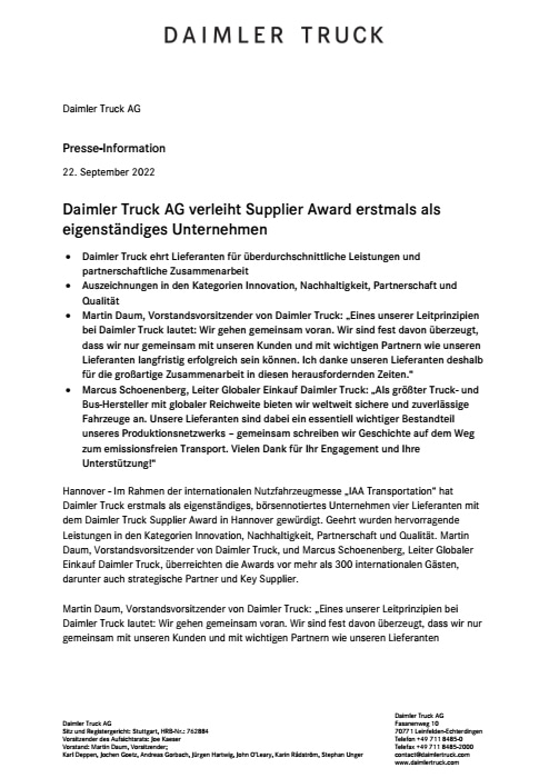 Daimler Truck AG verleiht Supplier Award erstmals als eigenständiges Unternehmen