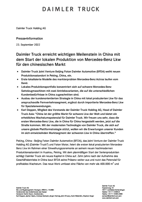 Daimler Truck erreicht wichtigen Meilenstein in China mit dem Start der lokalen Produktion von Mercedes-Benz Lkw für den chinesischen Markt