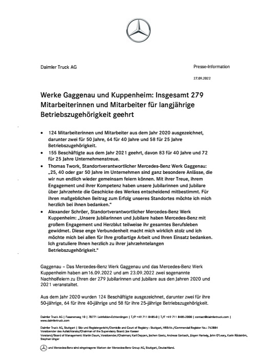 Werke Gaggenau und Kuppenheim: Insgesamt 279 Mitarbeiterinnen und Mitarbeiter für langjährige Betriebszugehörigkeit geehrt