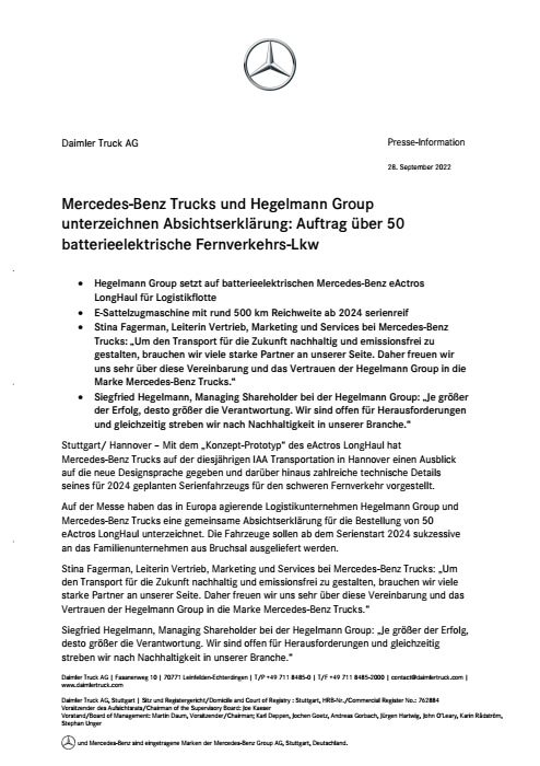 Mercedes-Benz Trucks und Hegelmann Group unterzeichnen Absichtserklärung: Auftrag über 50 batterieelektrische Fernverkehrs-Lkw