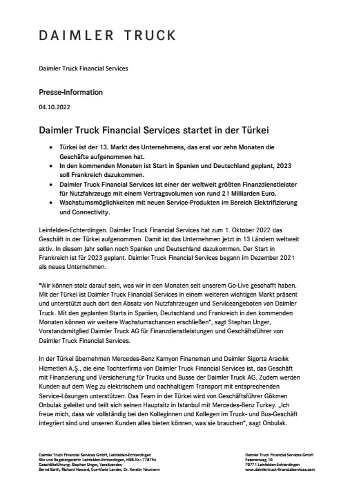 Daimler Truck Financial Services startet in der Türkei