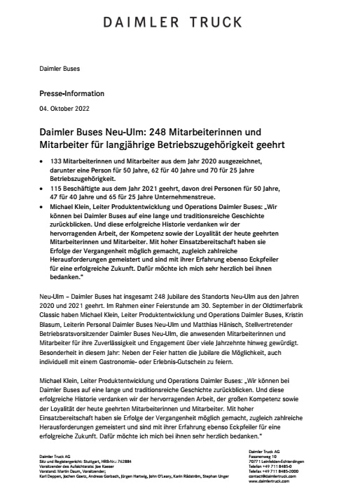 Daimler Buses Neu-Ulm: 248 Mitarbeiterinnen und Mitarbeiter für langjährige Betriebszugehörigkeit geehrt