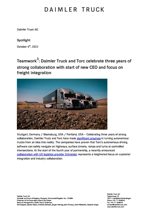 Teamwork: Daimler Truck and Torc celebrate three years of strong collaboration with start of new CEO and focus on freight integration
