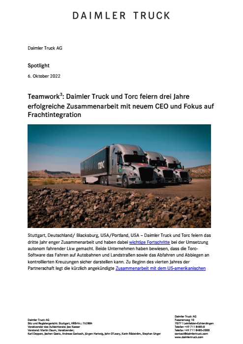 Teamwork hoch drei: Daimler Truck und Torc feiern drei Jahre erfolgreiche Zusammenarbeit mit neuem CEO und Fokus auf Frachtintegration