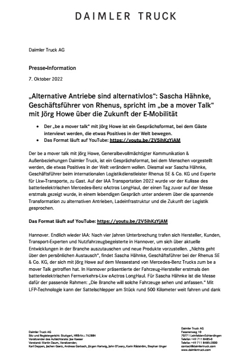 „Alternative Antriebe sind alternativlos“: Sascha Hähnke, Geschäftsführer von Rhenus, spricht im „be a mover Talk“ mit Jörg Howe über die Zukunft der E-Mobilität