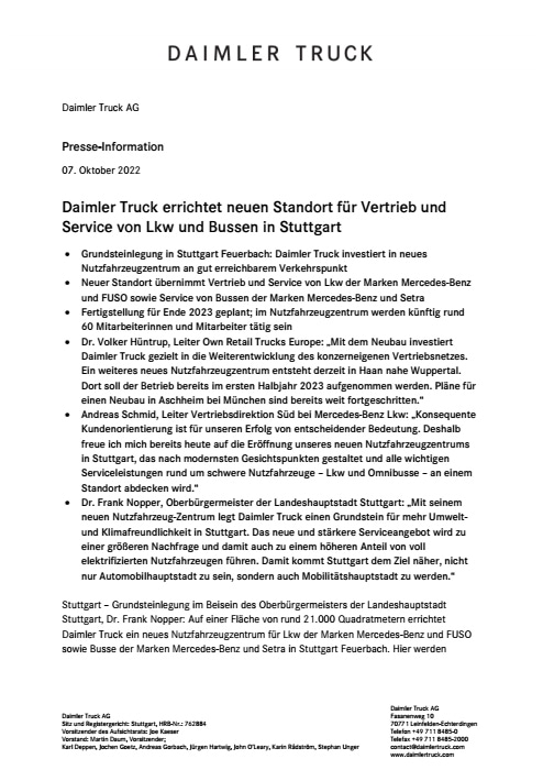 Daimler Truck errichtet neuen Standort für Vertrieb und Service von Lkw und Bussen in Stuttgart