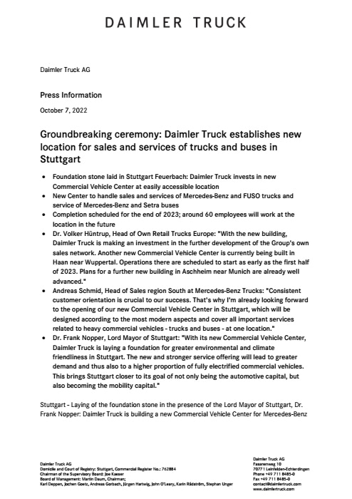 Groundbreaking ceremony: Daimler Truck establishes new location for sales and services of trucks and buses in Stuttgart