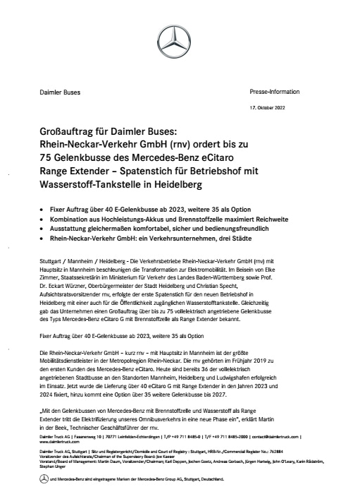 Großauftrag für Daimler Buses: Rhein-Neckar-Verkehr GmbH (rnv) ordert bis zu 75 Gelenkbusse des Mercedes Benz eCitaro Range Extender – Spatenstich für Betriebshof mit Wasserstoff-Tankstelle in Heidelberg