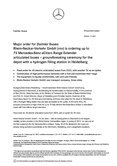 Major order for Daimler Buses: Rhein-Neckar-Verkehr GmbH (rnv) is ordering up to 75 Mercedes Benz eCitaro Range Extender articulated buses – groundbreaking ceremony for the depot with a hydrogen filling station in Heidelberg