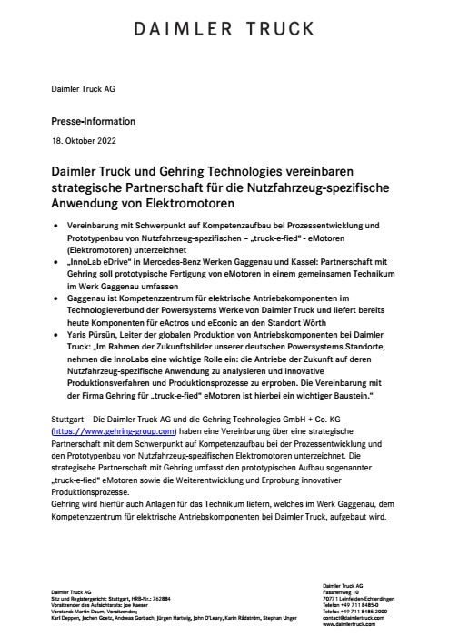 Daimler Truck und Gehring Technologies vereinbaren strategische Partnerschaft für die Nutzfahrzeug-spezifische Anwendung von Elektromotoren