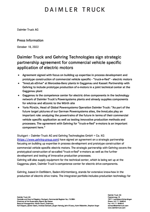 Daimler Truck and Gehring Technologies sign strategic partnership agreement for commercial vehicle specific application of electric motors