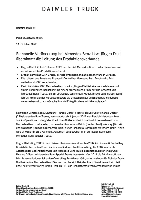 Personelle Veränderung bei Mercedes-Benz Lkw: Jürgen Distl übernimmt die Leitung des Produktionsverbunds