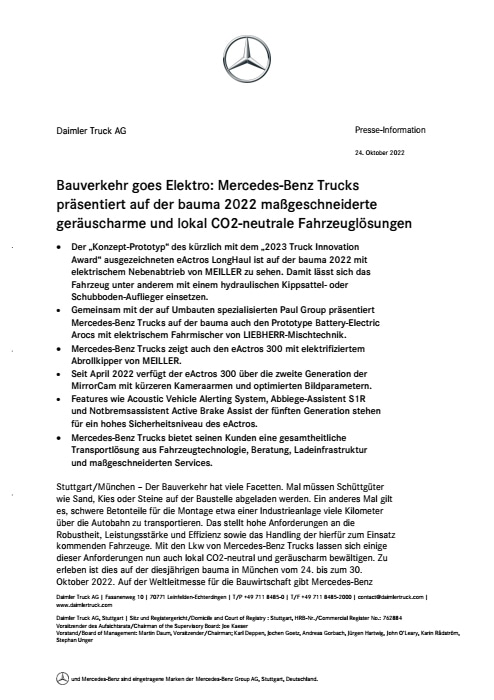 Bauverkehr goes Elektro: Mercedes-Benz Trucks präsentiert auf der bauma 2022 maßgeschneiderte geräuscharme und lokal CO2-neutrale Fahrzeuglösungen