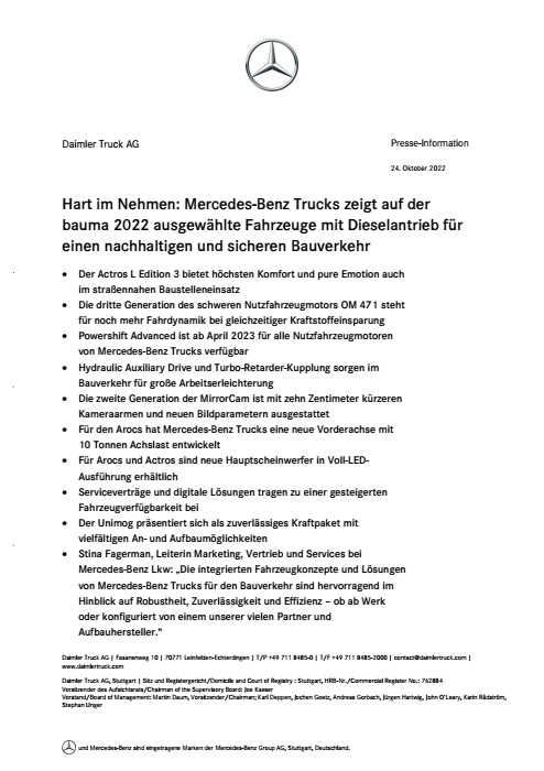 Hart im Nehmen: Mercedes-Benz Trucks zeigt auf der bauma 2022 ausgewählte Fahrzeuge mit Dieselantrieb für einen nachhaltigen und sicheren Bauverkehr