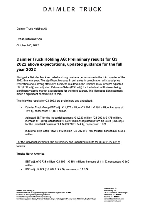 Daimler Truck Holding AG: Preliminary results for Q3 2022 above expectations, updated guidance for the full year 2022