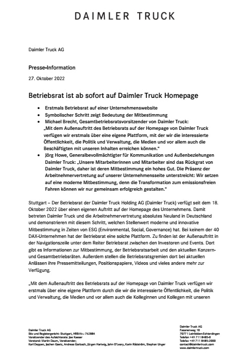 Betriebsrat ist ab sofort auf Daimler Truck Homepage