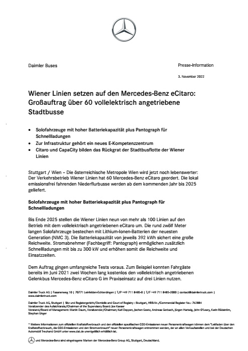 Wiener Linien setzen auf den Mercedes-Benz eCitaro: Großauftrag über 60 vollelektrisch angetriebene Stadtbusse