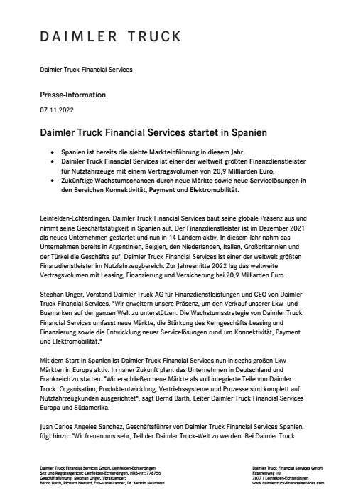 Daimler Truck Financial Services startet in Spanien