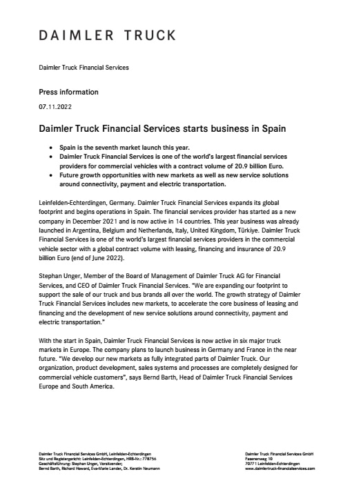 Daimler Truck Financial Services starts business in Spain