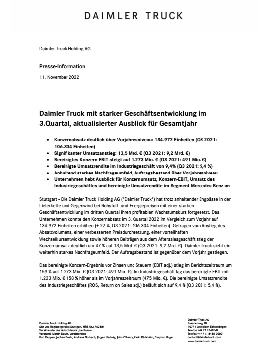 Daimler Truck mit starker Geschäftsentwicklung im 3.Quartal, aktualisierter Ausblick für Gesamtjahr