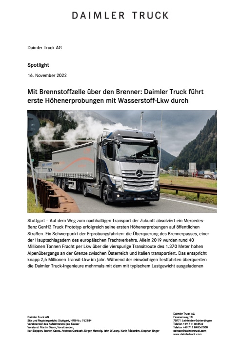 Mit Brennstoffzelle über den Brenner: Daimler Truck führt erste Höhenerprobungen mit Wasserstoff-Lkw durch