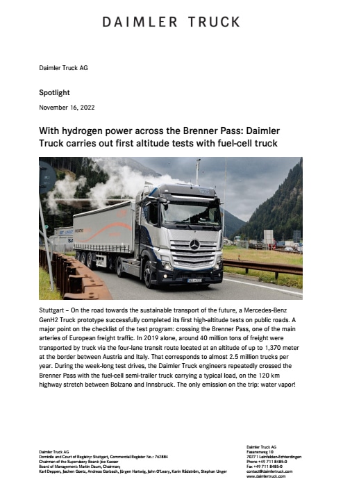 With hydrogen power across the Brenner Pass: Daimler Truck carries out first altitude tests with fuel-cell truck