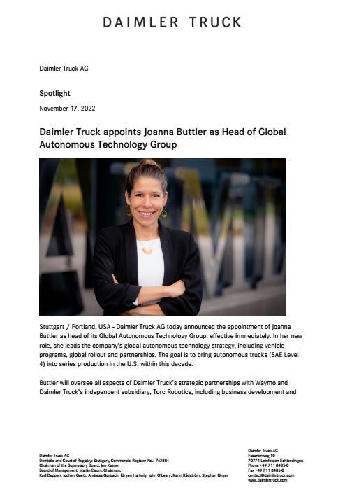 Daimler Truck appoints Joanna Buttler as Head of Global Autonomous Technology Group