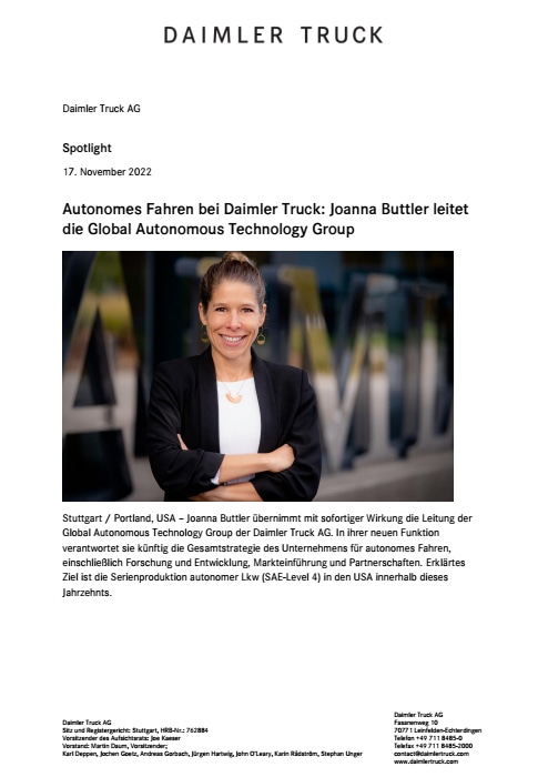 Autonomes Fahren bei Daimler Truck: Joanna Buttler leitet die Global Autonomous Technology Group