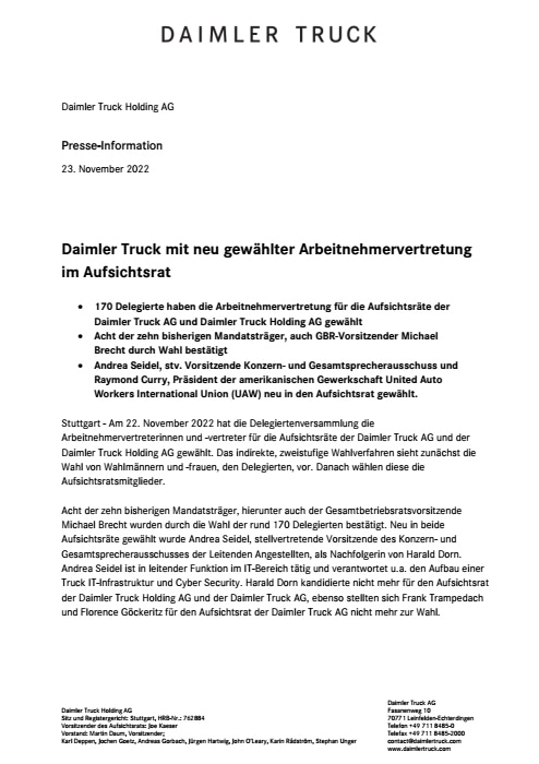 Daimler Truck mit neu gewählter Arbeitnehmervertretung im Aufsichtsrat