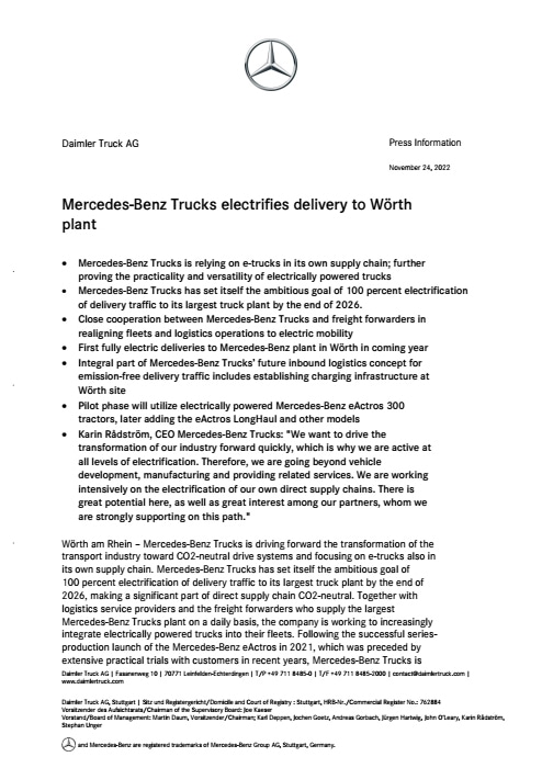 Mercedes-Benz Trucks electrifies delivery to Wörth plant