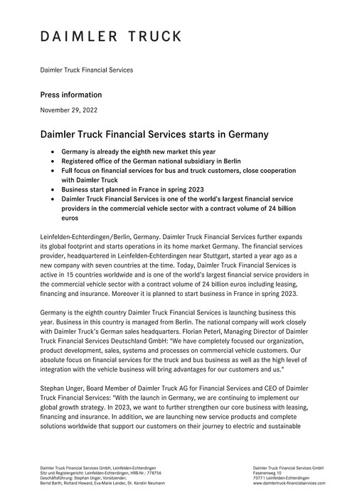 Daimler Truck Financial Services starts in Germany