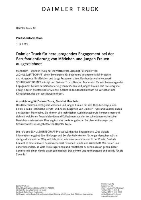 Daimler Truck für herausragendes Engagement bei der Berufsorientierung von Mädchen und jungen Frauen ausgezeichnet