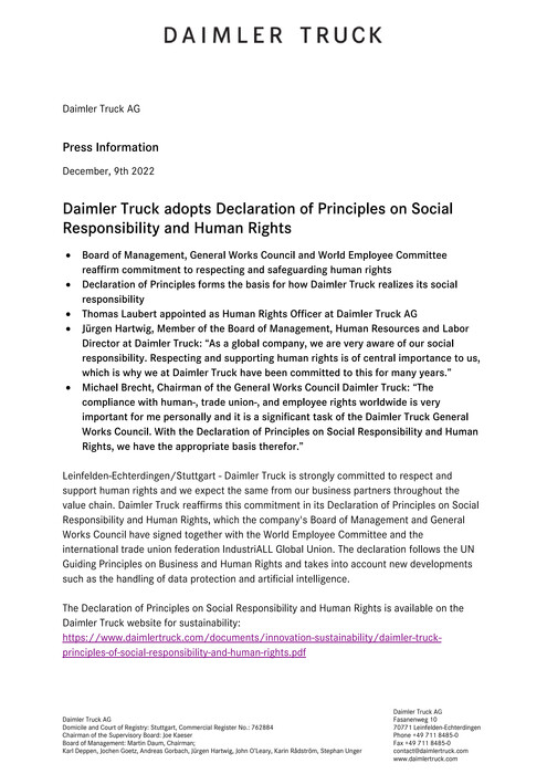 Daimler Truck passes Declaration of Principles on Social Responsibility and Human Rights