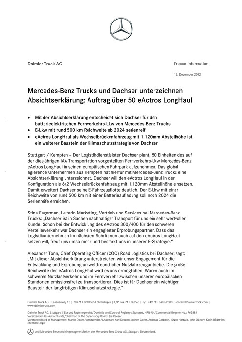 Mercedes-Benz Trucks und Dachser unterzeichnen Absichtserklärung: Auftrag über 50 eActros LongHaul