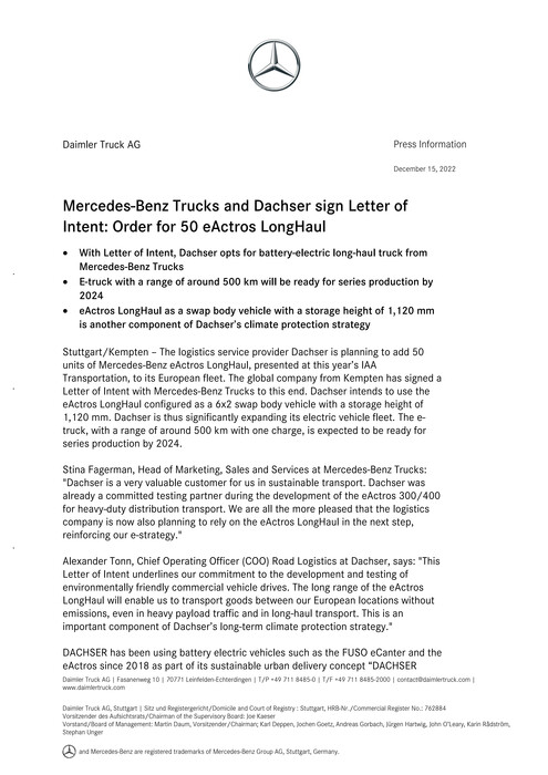 Mercedes-Benz Trucks and Dachser sign Letter of Intent: Order for 50 eActros LongHaul