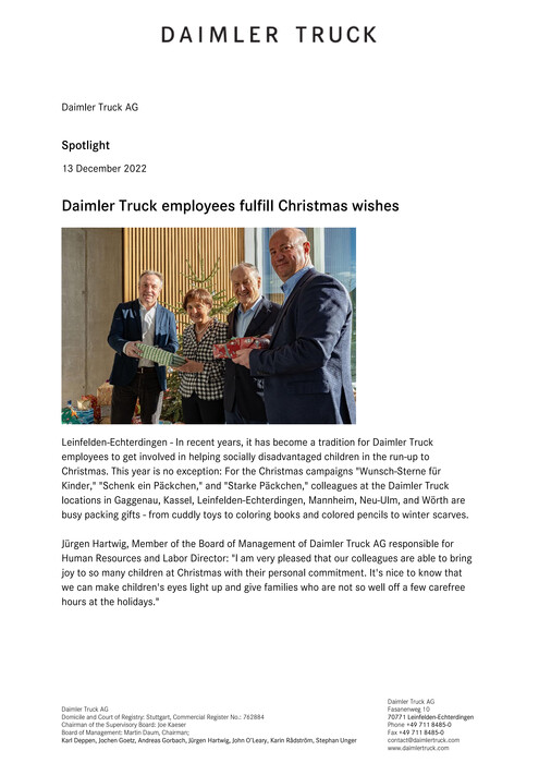 Daimler Truck employees fulfill Christmas wishes