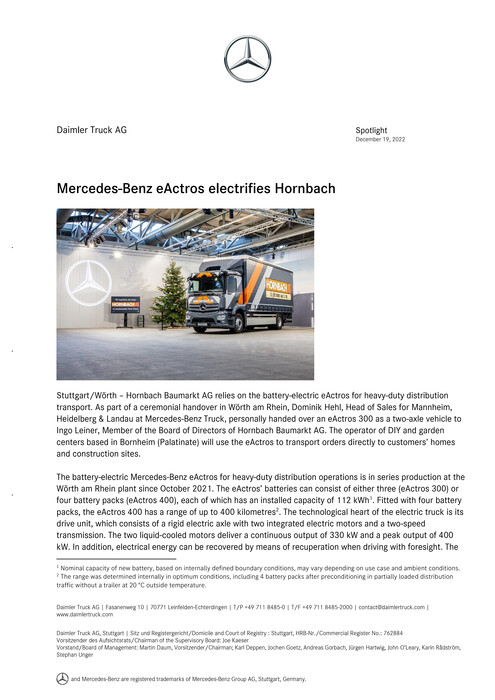 Mercedes-Benz eActros electrifies Hornbach