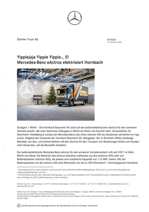 Yippiejaja Yippie Yippie… E! Mercedes-Benz eActros elektrisiert Hornbach