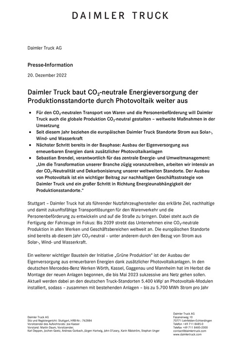 Daimler Truck baut CO₂-neutrale Energieversorgung der Produktionsstandorte durch Photovoltaik weiter aus