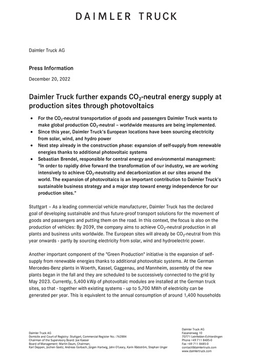 Daimler Truck further expands CO₂-neutral energy supply at production sites through photovoltaics