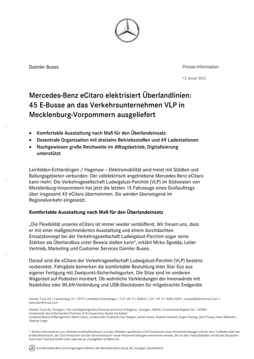 Mercedes-Benz eCitaro elektrisiert Überlandlinien: 45 E-Busse an das Verkehrsunternehmen VLP in Mecklenburg-Vorpommern ausgeliefert