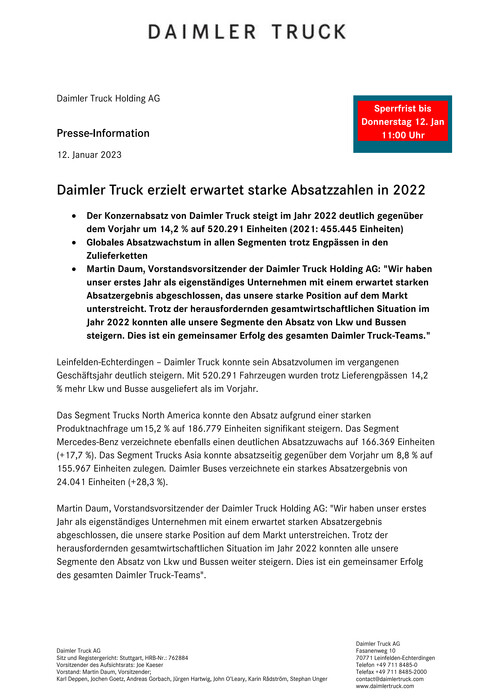 Daimler Truck erzielt erwartet starke Absatzzahlen in 2022