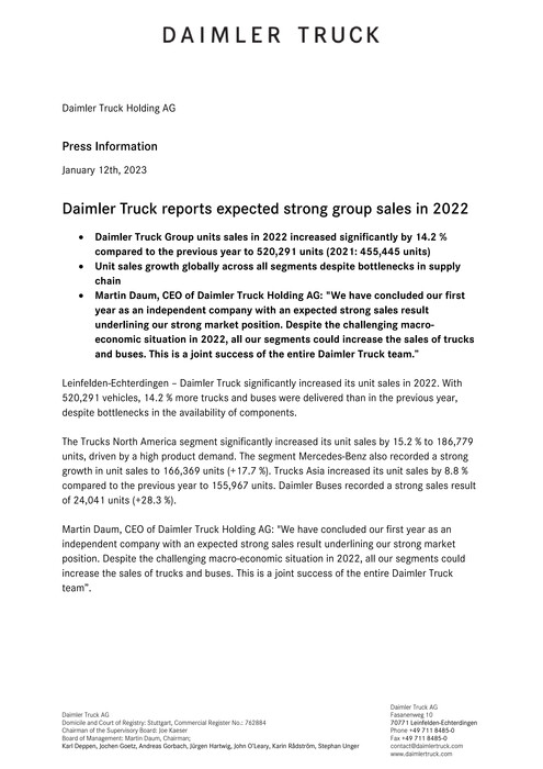 Daimler Truck reports expected strong group sales in 2022