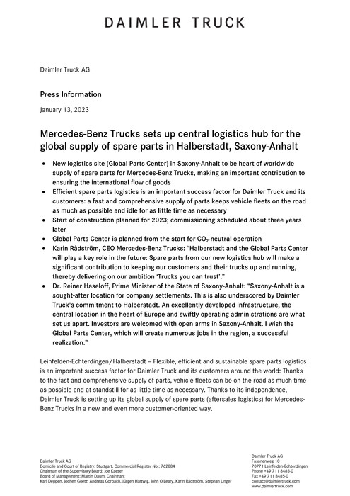 Mercedes-Benz Trucks sets up central logistics hub for the global supply of spare parts in Halberstadt, Saxony-Anhalt