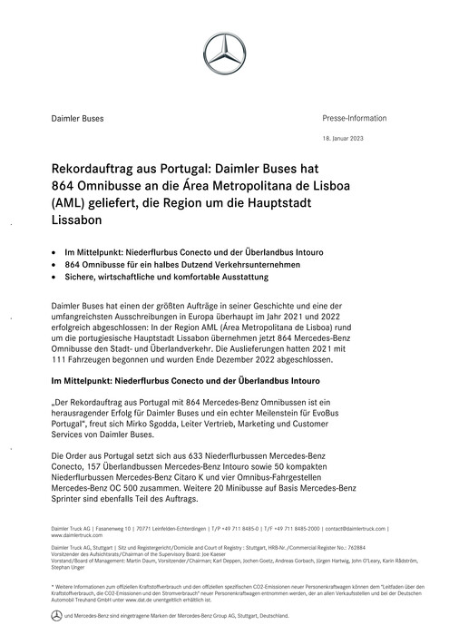 Rekordauftrag aus Portugal: Daimler Buses hat 864 Omnibusse an die Área Metropolitana de Lisboa (AML) geliefert, die Region um die Hauptstadt Lissabon