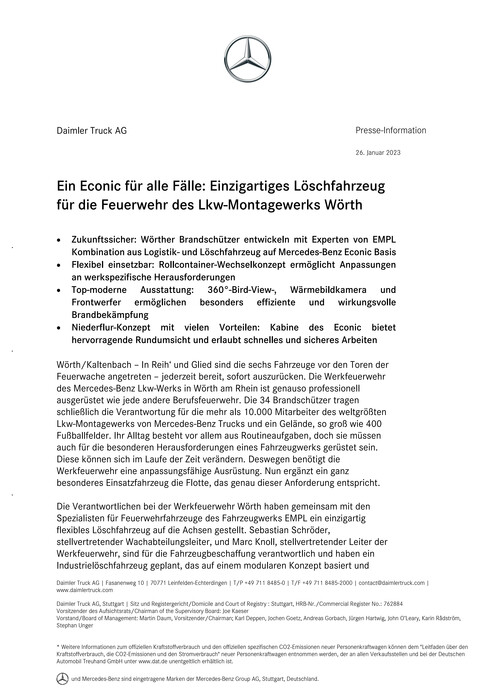 Ein Econic für alle Fälle: Einzigartiges Löschfahrzeug für die Feuerwehr des Lkw-Montagewerks Wörth