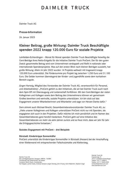 Kleiner Beitrag, große Wirkung: Daimler Truck Beschäftigte spenden 2022 knapp 120.000 Euro für soziale Projekte